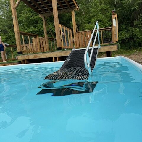 Swimming pool with a submerged ramp leading from a wooden deck surrounded by trees